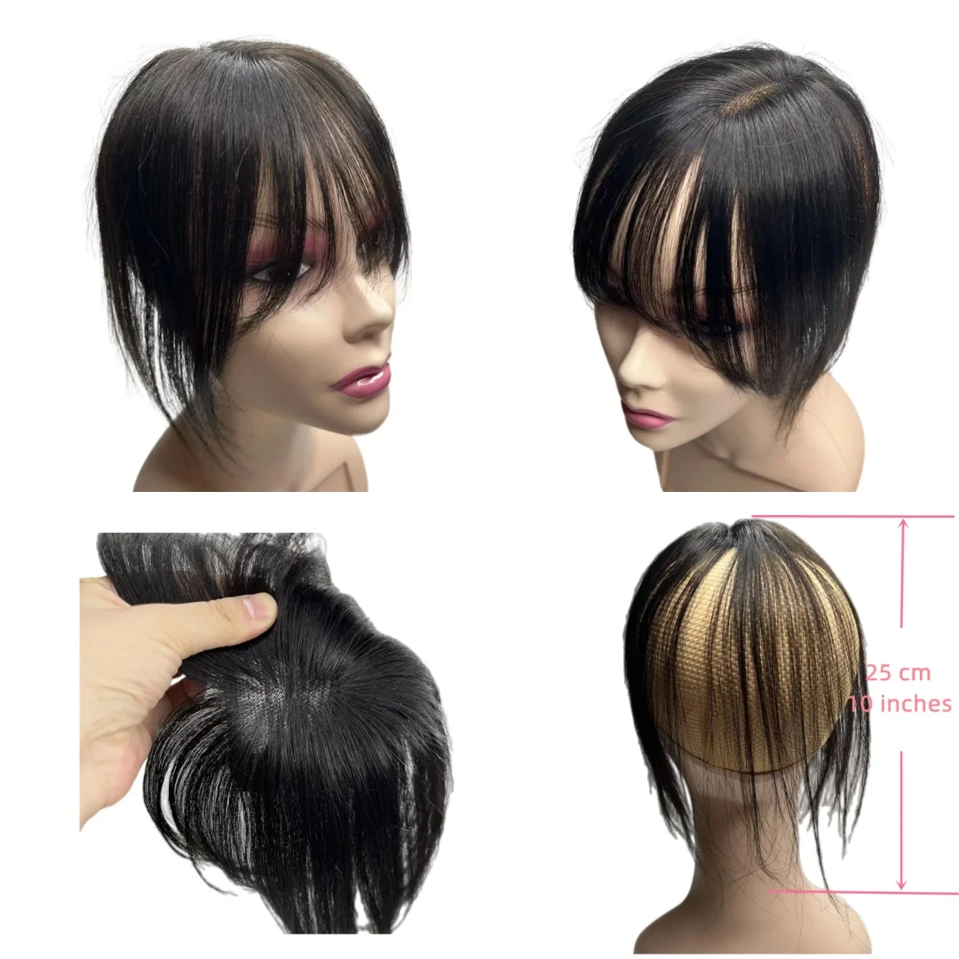 Adornos de cabello humano 100% con flequillo, postizos con Base de encaje para mujer, cubierta de parte media, cabello gris, cabello transpirable hecho a mano