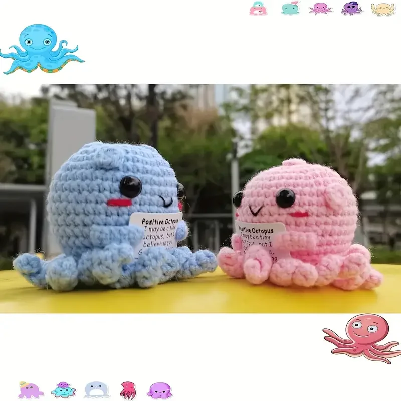 Handmade Woolen Octopus Crochet Knitting Positive Emotional Support Figure with Card, Creative Funny Decoration  Gift