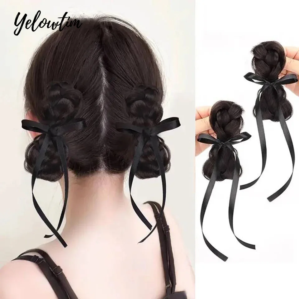 YELOWTIM, moño trenzado para niñas con banda de goma, anillo de pelo sintético marrón y negro, envoltura en moño desordenado, coletas rectas Hai