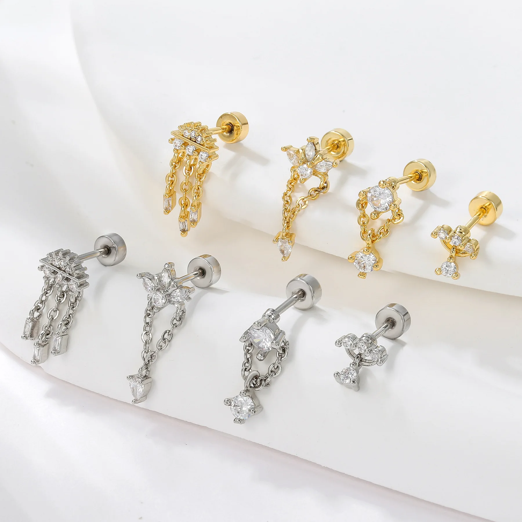 1PC Stainless Steel 18k Gold Plated Light Luxury Color Preserving Zircon Earrings with Super Sparkling Tassel Pendant Chain