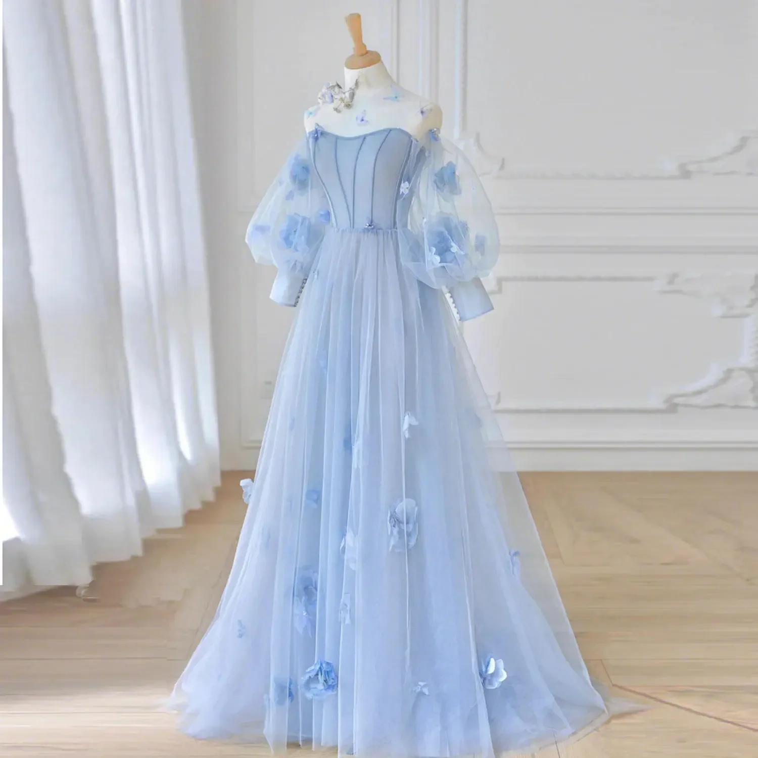 Princess Corset A-line Birthday Party Dress Light Blue 3D Flower with Fluffy Sleeves Women's Evening Dress Wedding Dress 2024