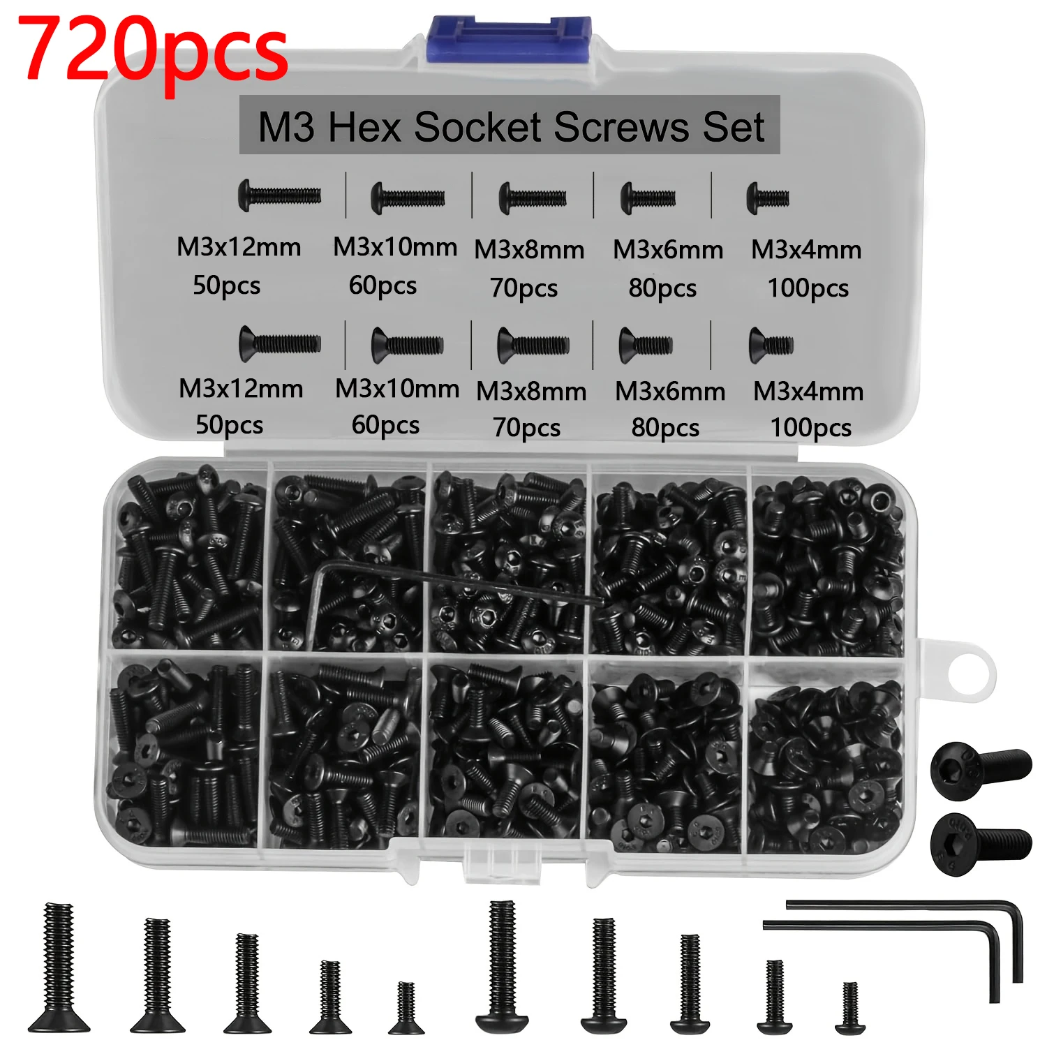 720 Piece M3  Hexagon Socket Countersunk Screws & Cylinder Screws Pan Head Screws Thread Screws Set Flat Head Screws Machine