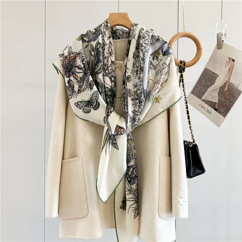 2024 Butterfly Print Wool Scarves Wraps Womens Blanket Wool Shawl Cape Ladies Autumn Winter Coat Poncho Echape 132x132CM