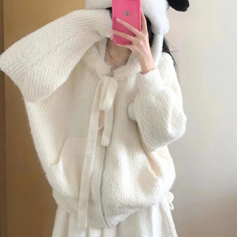 

Deeptown Kawaii Sweet Knitted Cardigan Women Elegant Zip Up Hooded Cardigan Cute Japanese Style Solid Autumn Winter Sweater Coat