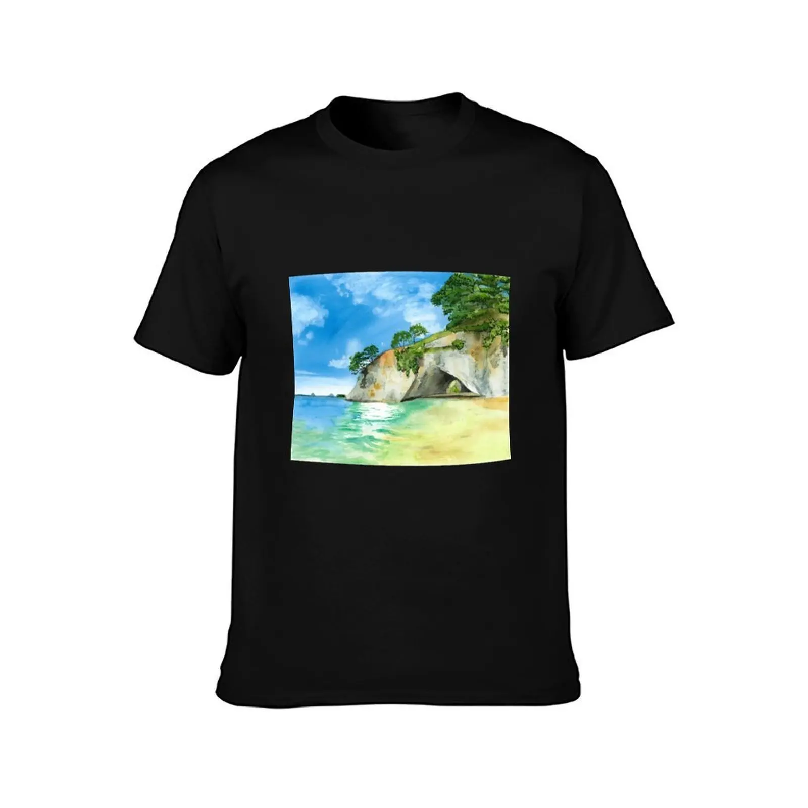 Cathedral Cove - Watercolour Painting T-Shirt, Summer Casual Cotton Tee, Oversized Streetwear Tops, Vintage Graphic Print