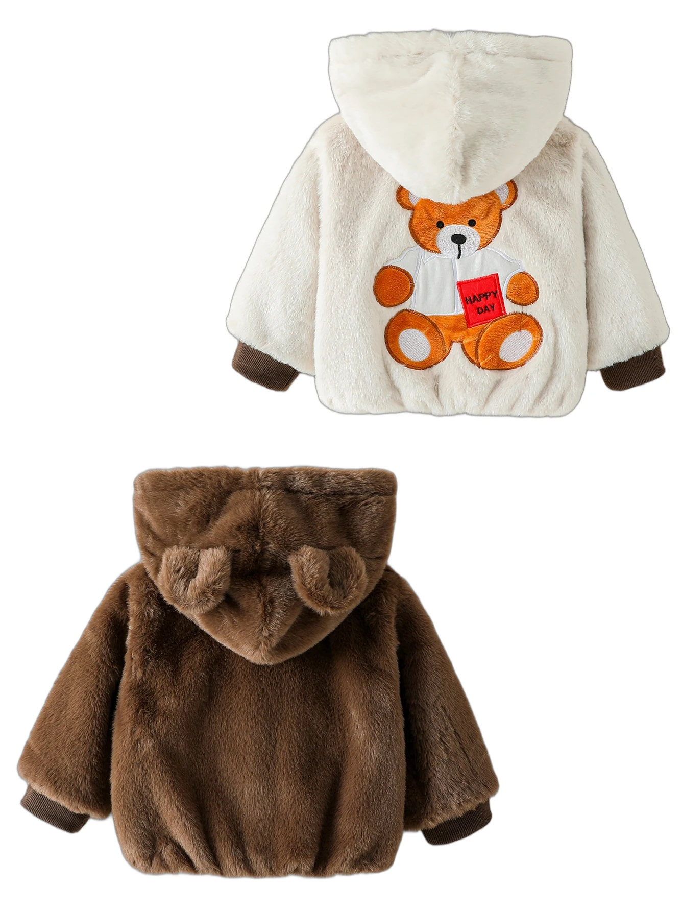 Plush Baby Girls Boys 1-3Y Coat Autumn/Winter Keep Warm Zipper Hooded Outerwear Cute Bear Infant Coat Wear It on Both Sides
