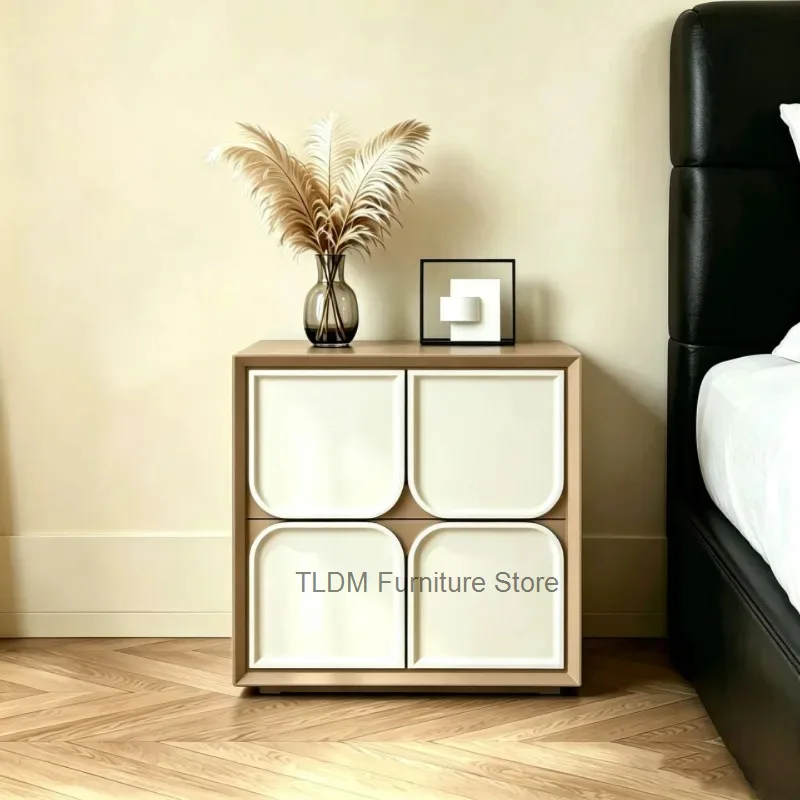 Modern Geometric Bedside Table Two Tone Embossed Recessed Drawer Storage Cabinet Floor Standing Night Stand Living Room