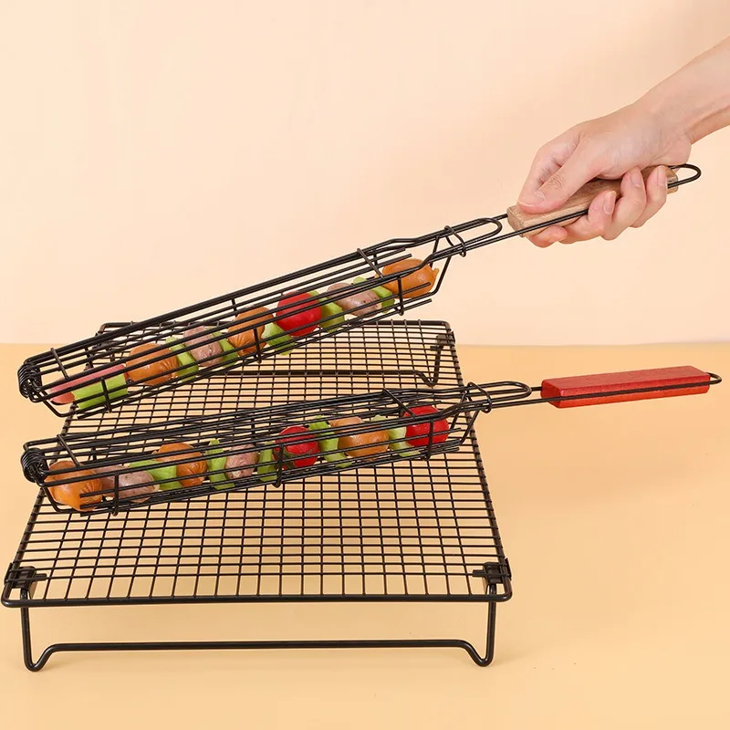 BBQ Grilling Basket Stainless Steel Portable Non-Stick Wooden Handle Grilling Baskets Vegetables Meat Hot Dog BBQ Grill Net