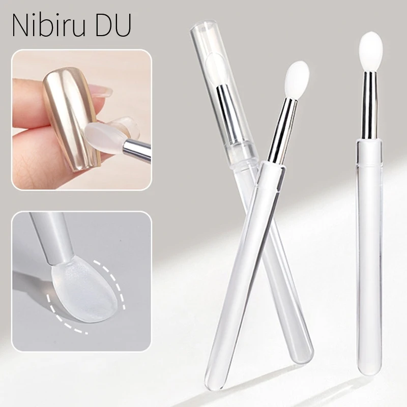 3/1Pcs Nail Art Silicone Brush with Lid Reusable Chrome Glitter Applying Manicure Tool Easy-Daub Pigment Soft Nail Brush Stick