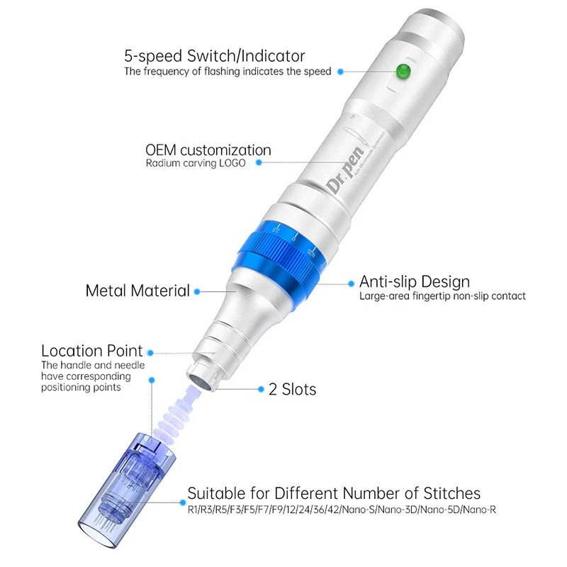 Оригинальный дизайн печати электрического устройства Dermapen для микроигл Dr pen A6, оснащенного 2 перезаряжаемыми батареями для ухода за кожей