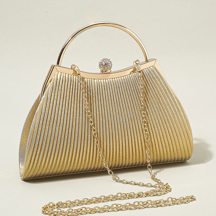 

Women's classic pleated design shiny metal ring handle handbag with rhinestone evening bag wedding dress party prom clutch purse