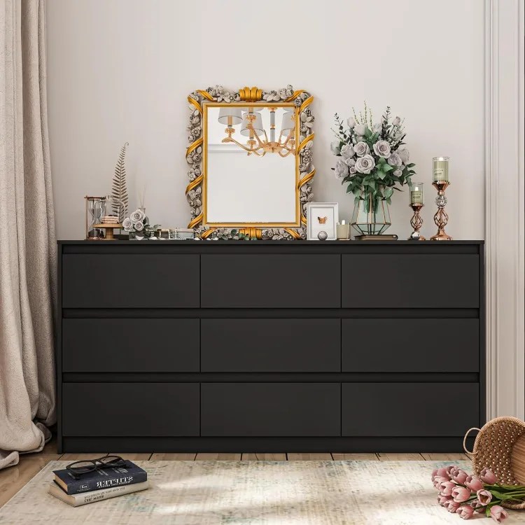 Dresser for Bedroom with 9 Deep Drawers, Large Modern Chest of Drawers Handle Free, Freestanding Black Long Dressers