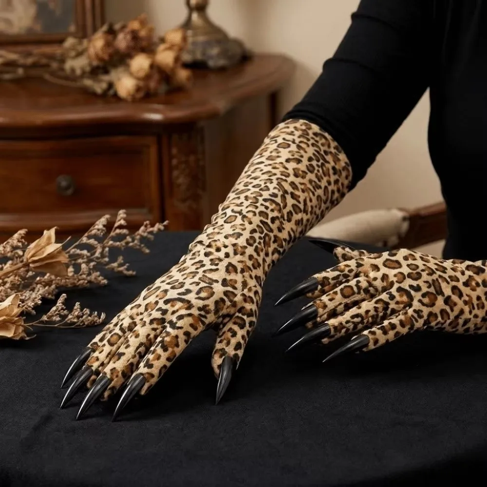 Stretchy Halloween Leopard Claw Gloves Leopard Pattern Long Sleeve Leopard Long Gloves Long Nail Long Nail Gloves