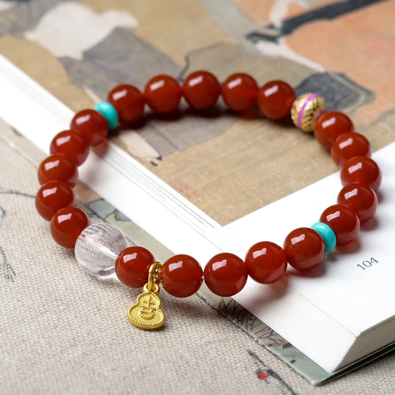 South Agate and Natural White Crystal Heart Sutra Bead a Traditional Chinese Style Red Bracelet for Women Perfect