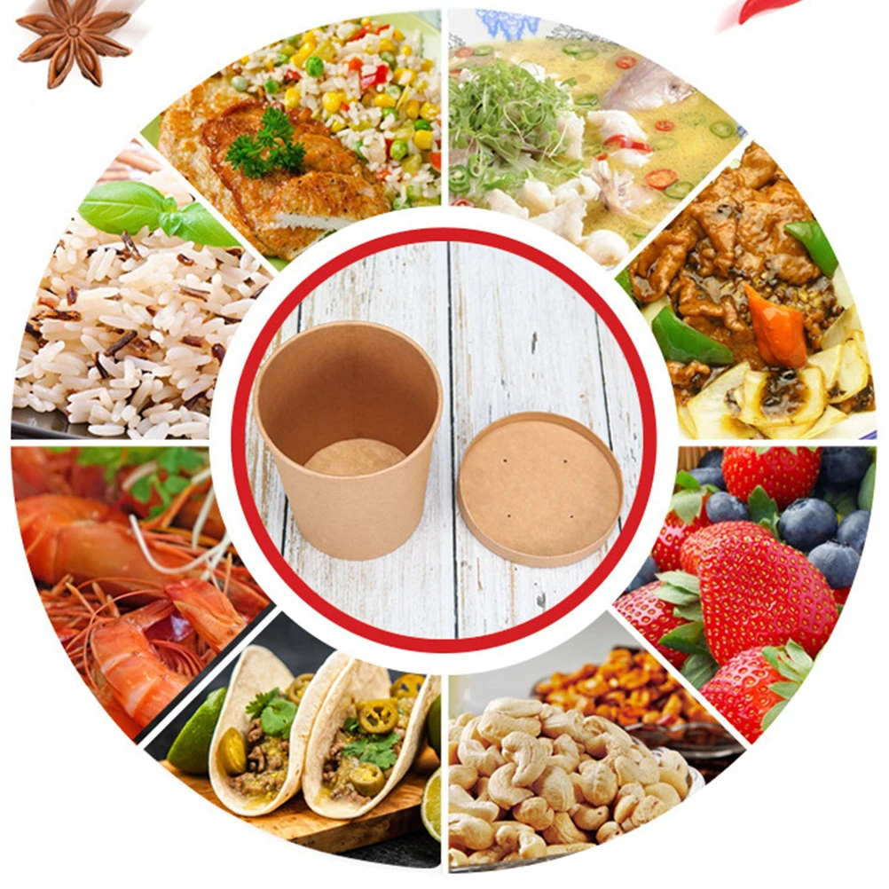 

50 pcs Disposable Soup Cups Kraft Paper Containers Thicken Oil Proof Lid Leak Proof Delis Markets Kitchen Barware