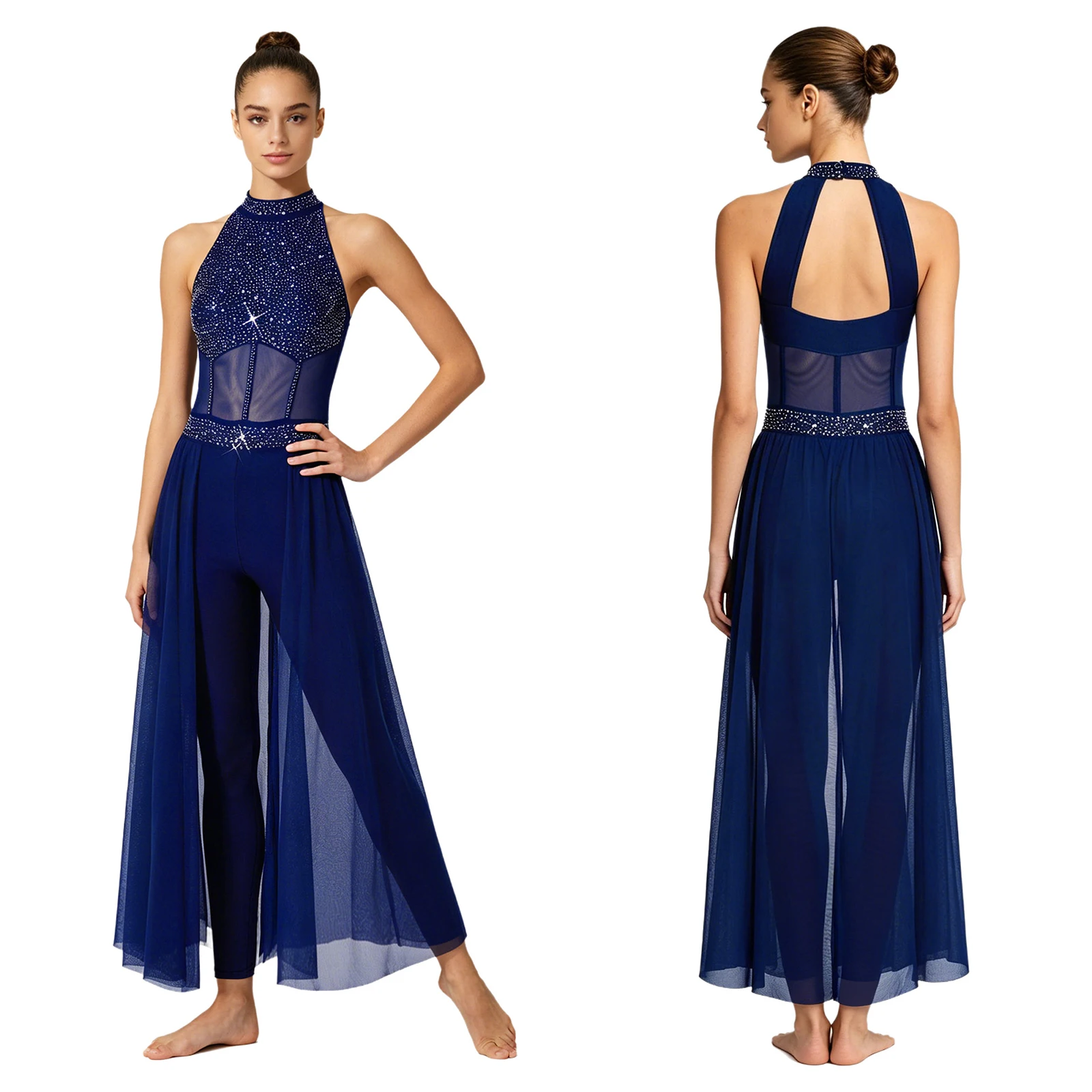 Glänzender Strass-Mesh-Jumpsuit für Damen, modernes lyrisches Tanzoutfit, Kleid für Eiskunstlauf, Ballett, Gymnastik, Akrobatik, Tanzkleidung