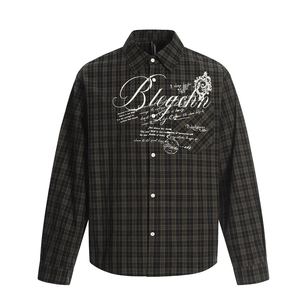 Retro Brief Drucken Plaid Shirts Herren Tasche Herbst High Street Revers Einreiher Langarm Baumwolle Shirts Männer – Detail 3