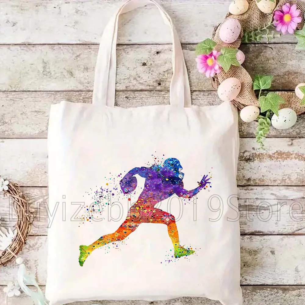 لاعب كرة القدم الأمريكية المائية الرياضة الهدايا المرأة قماش حقيبة كتف حقيبة يد Harajuku للمتسوقين أكياس التسوق القابلة لإعادة الاستخدام