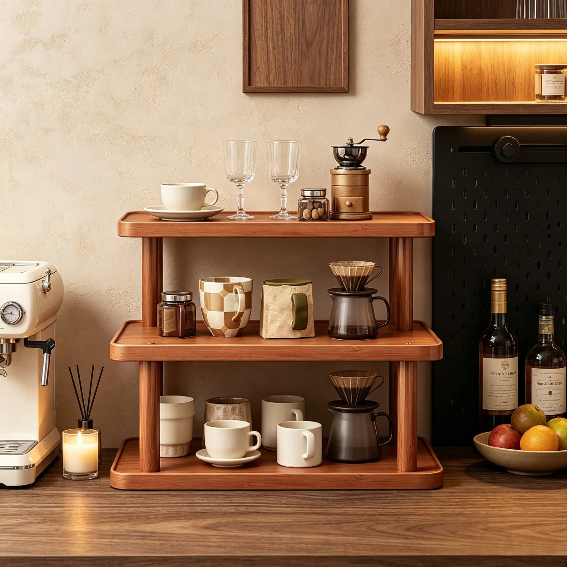 Solid wood desktop rack, coffee machine storage rack, tea set, hand-brewed coffee corner cup, countertop Bogu rack, wooden frame