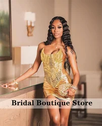 Glitter Golden Rhinestones Short Prom Dress Beads Crystal Diamonds Birthday Senior Party Cocktail Dress Lace-Up Back Customized