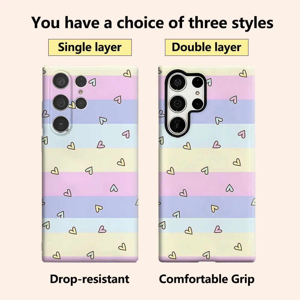 Pastel Heart Stripes Luxury Fashion Full Lens Protective Case for Samsung Galaxy S26 S25 S24 A56 A36 Plus Ultra
