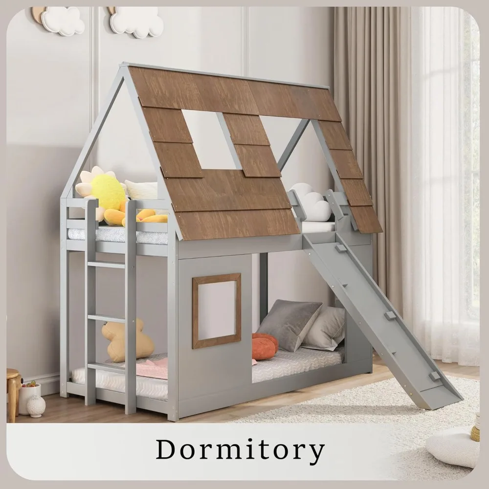 Beliche duplo sobre casa dupla para crianças, estrutura de beliche de madeira com design de telhado de janela e guarda-corpo, beliche de chão montessori fra