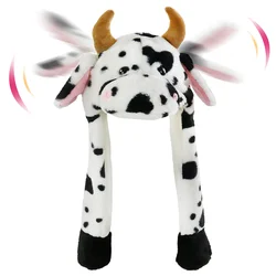 23cm Ear Moving Jumping Hats Stuffed Cow Funy Interactive Hat for Kids Girl Boy Cosplay Christmas Party Hat Plush Animal