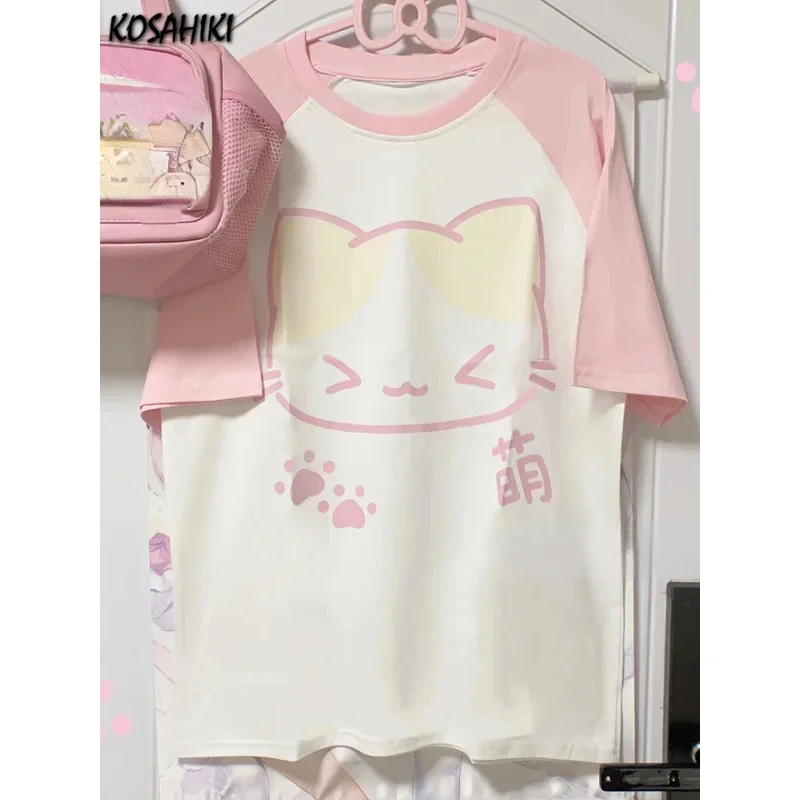 

Japanese Casual Y2k Aesthetic Cartoon Print Tops Summer Women Grunge Loose Cute Tees Harajuku Contrast Color Streetwear T-shirts