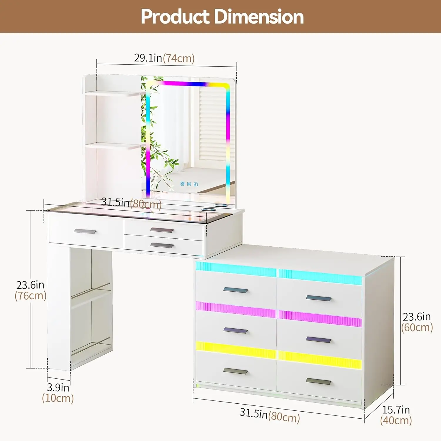 Makeup Vanity Desk with Large Mirror, White Makeup Vanity with RGB 24 Color Dimmable Lights, Charging Station,