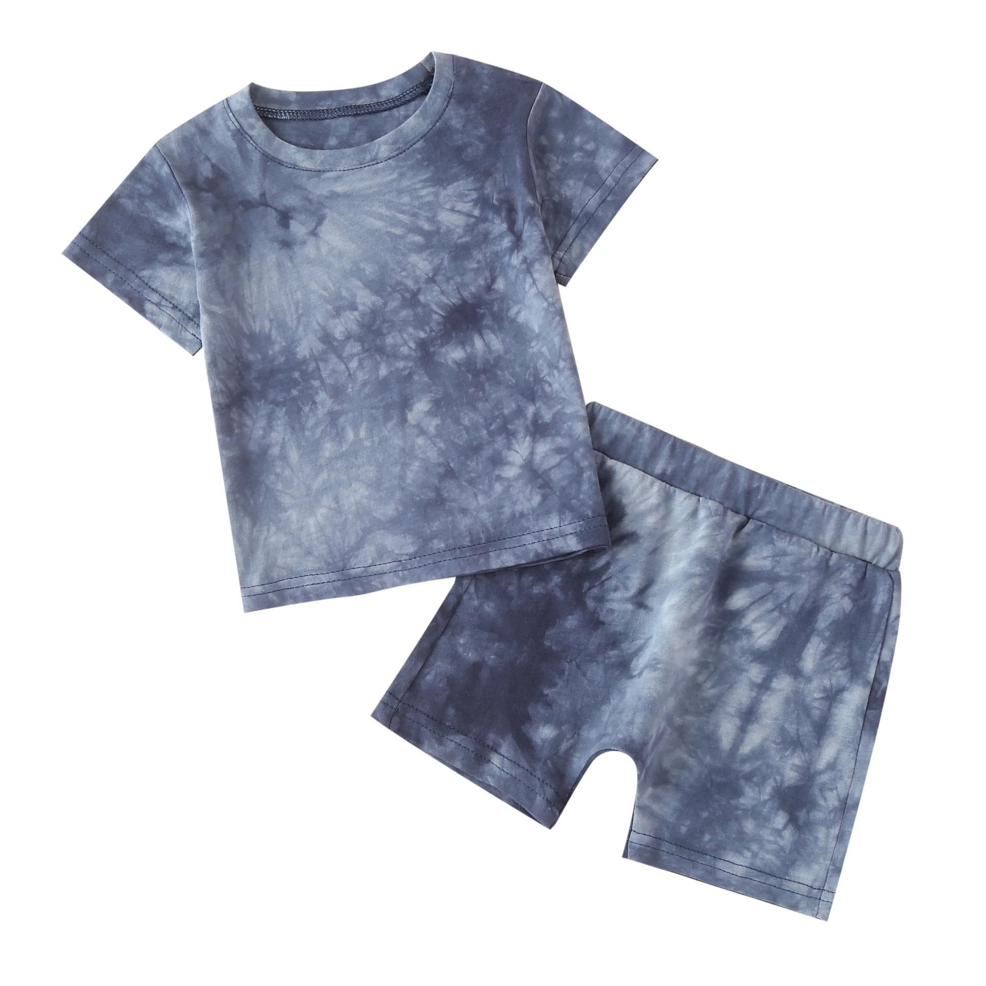 

2023 Summer New Suit Fashion Casual Children's Round Neck Pullover Cotton Tie-Dye Plain Short-Sleeved Suit