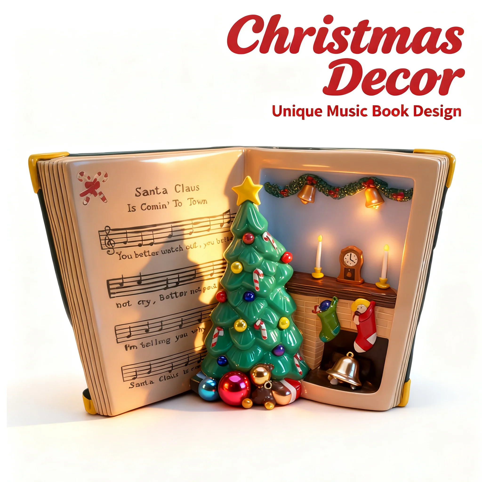 

Christmas Decor Unique Book Design Santa Claus Is Comin' To Town Ornament Up Christmas Tree Fireplace Scene Decoration Gift