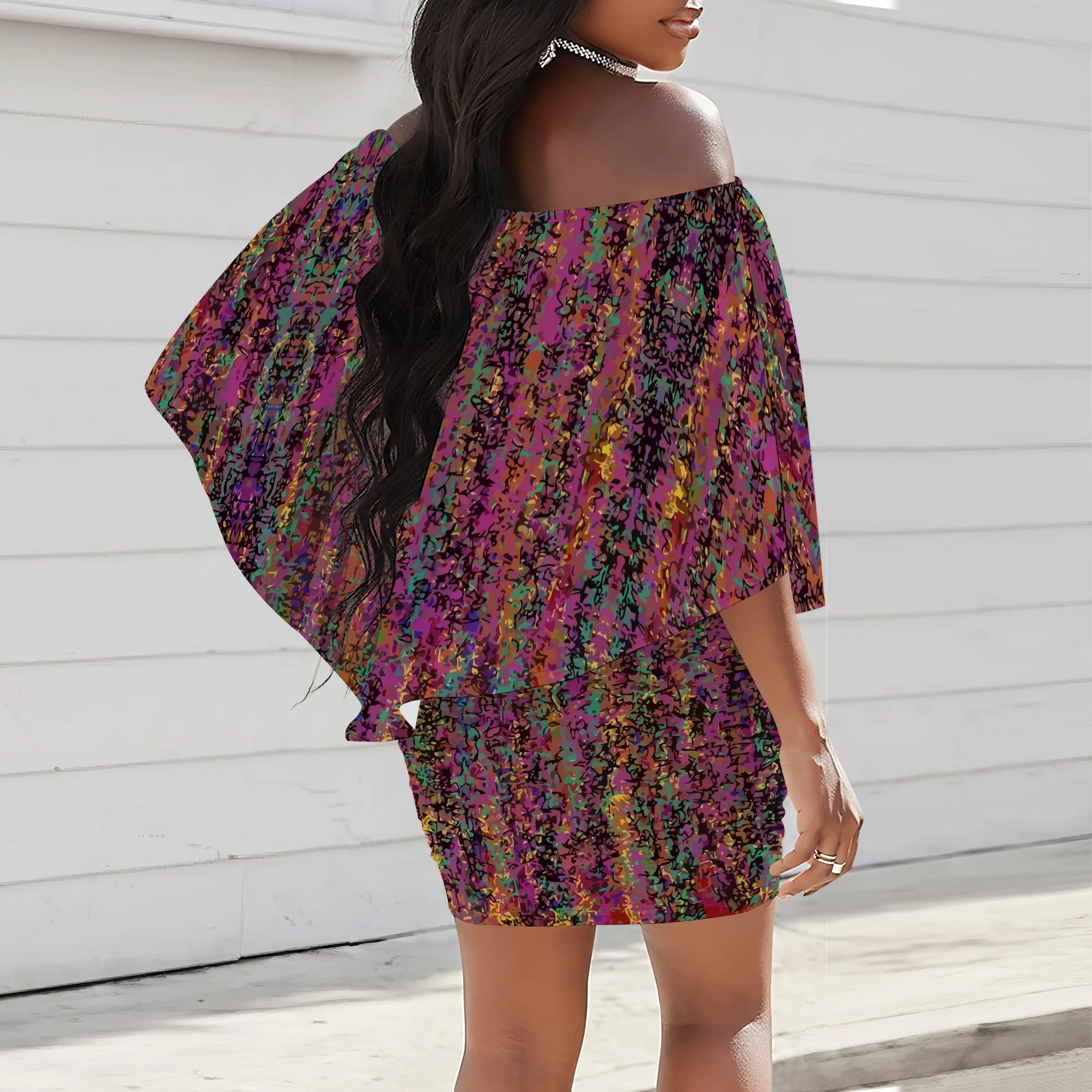 オフショルダー花柄ウェーブプリントドレス女性の夏のボヘミアンスタイル休暇ボディコンミニドレス