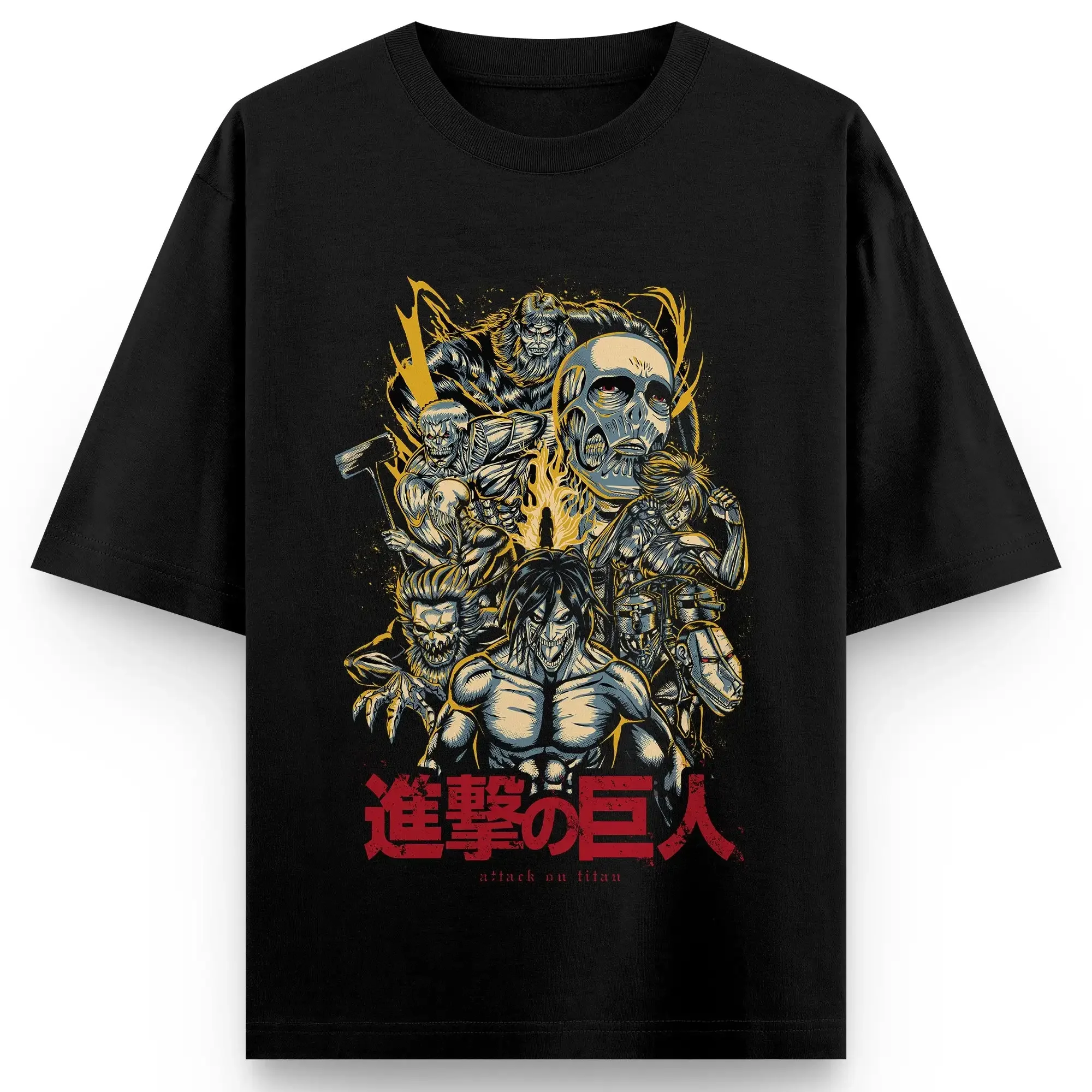 Camiseta negra Attack on Titan con estampado de titanes múltiples, camiseta informal de algodón con texto japonés y efectos de llama amarilla, ropa de calle de Anime para verano