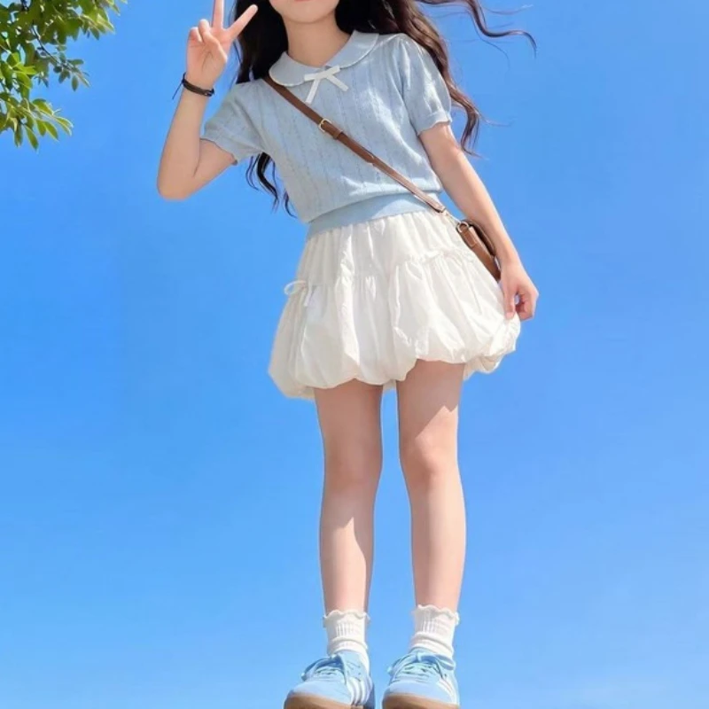 Kids Floral Bubble Short Sleeve Dress Cute Ruffle Trim Breathable Soft Cotton Casual Loose Fit Outfit for Girls Trendy Daily