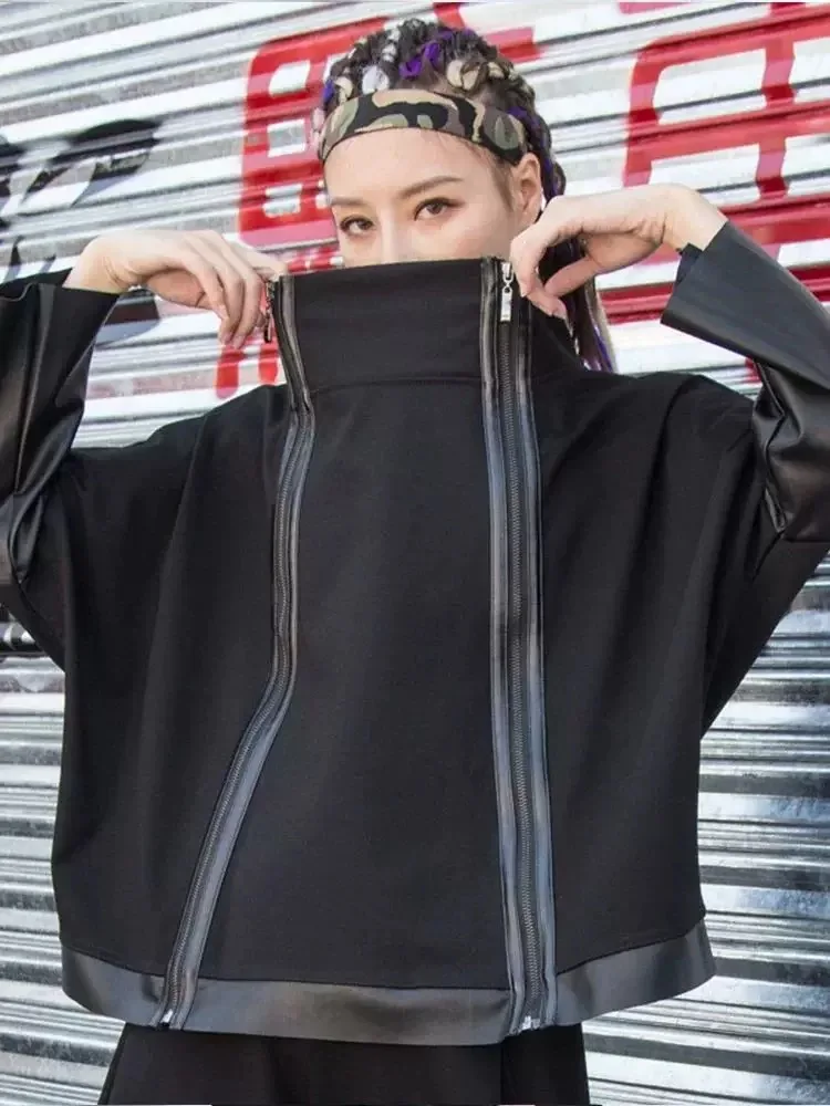 

Brand Design Popular Black Leather Splicing Loose Double Zipper Jacket For Woman High Street Coat Lady Outerwear Zip Clothing