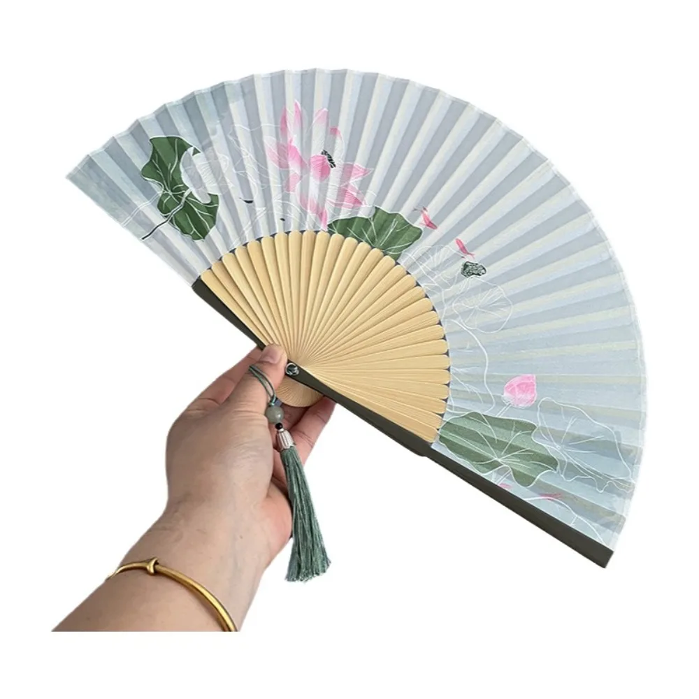 Portable Retro Folding Hand Fan Lotus Design Wooden Handle Dance Fan with Tassels Classical Chinese Style Fan Performance