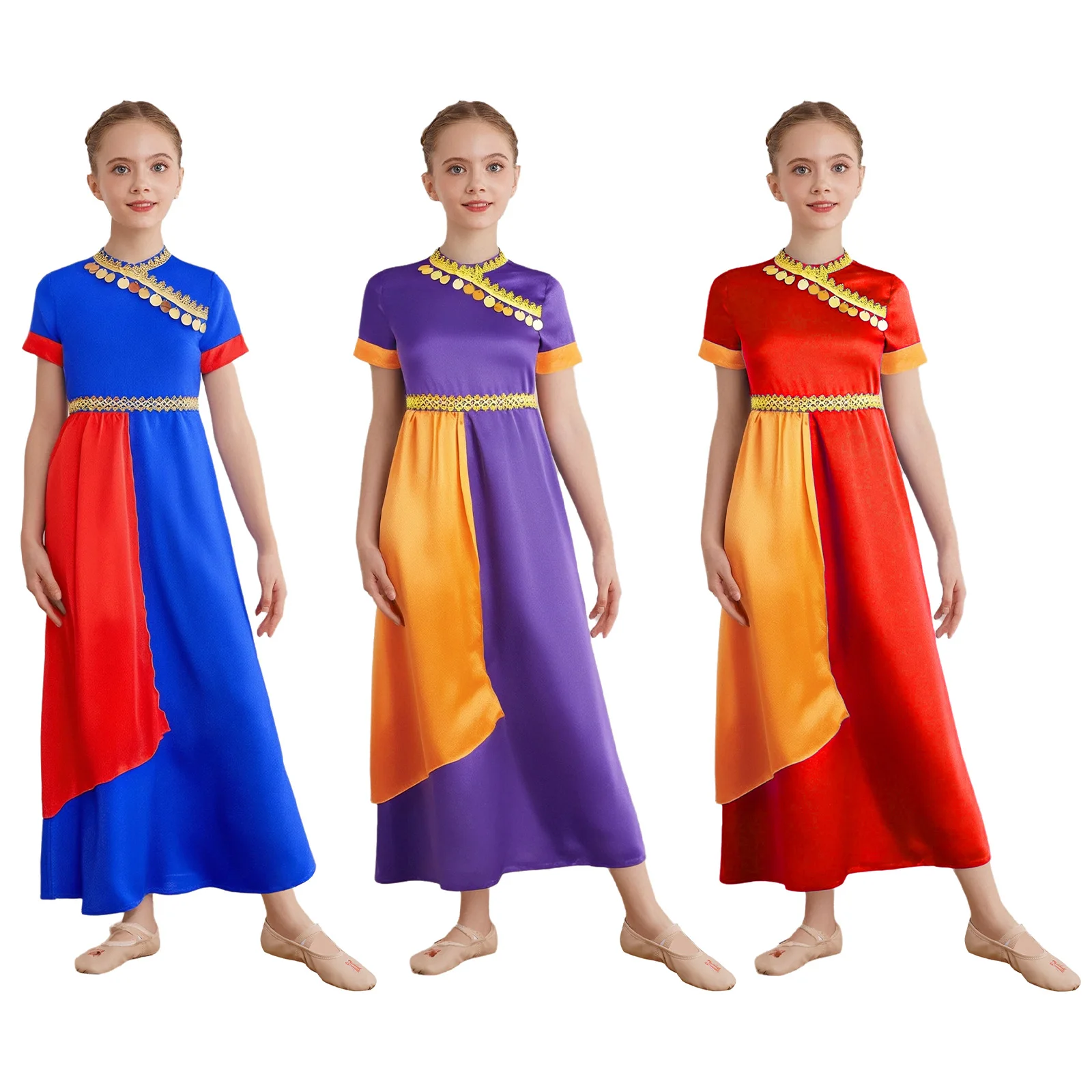 Fancy Dresses Saree Indian State Dance Costume for Girls Short Sleeve Gold Trim Gold Circles Color Contrast Carnival Dress Up
