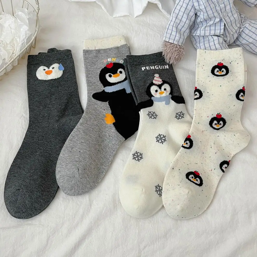 5 Pairs Women's Socks Set Korean New Cartoon Penguin Kawaii Socks Thick High Quality Cotton Cute Sweet Versatile Mid Tube Socks