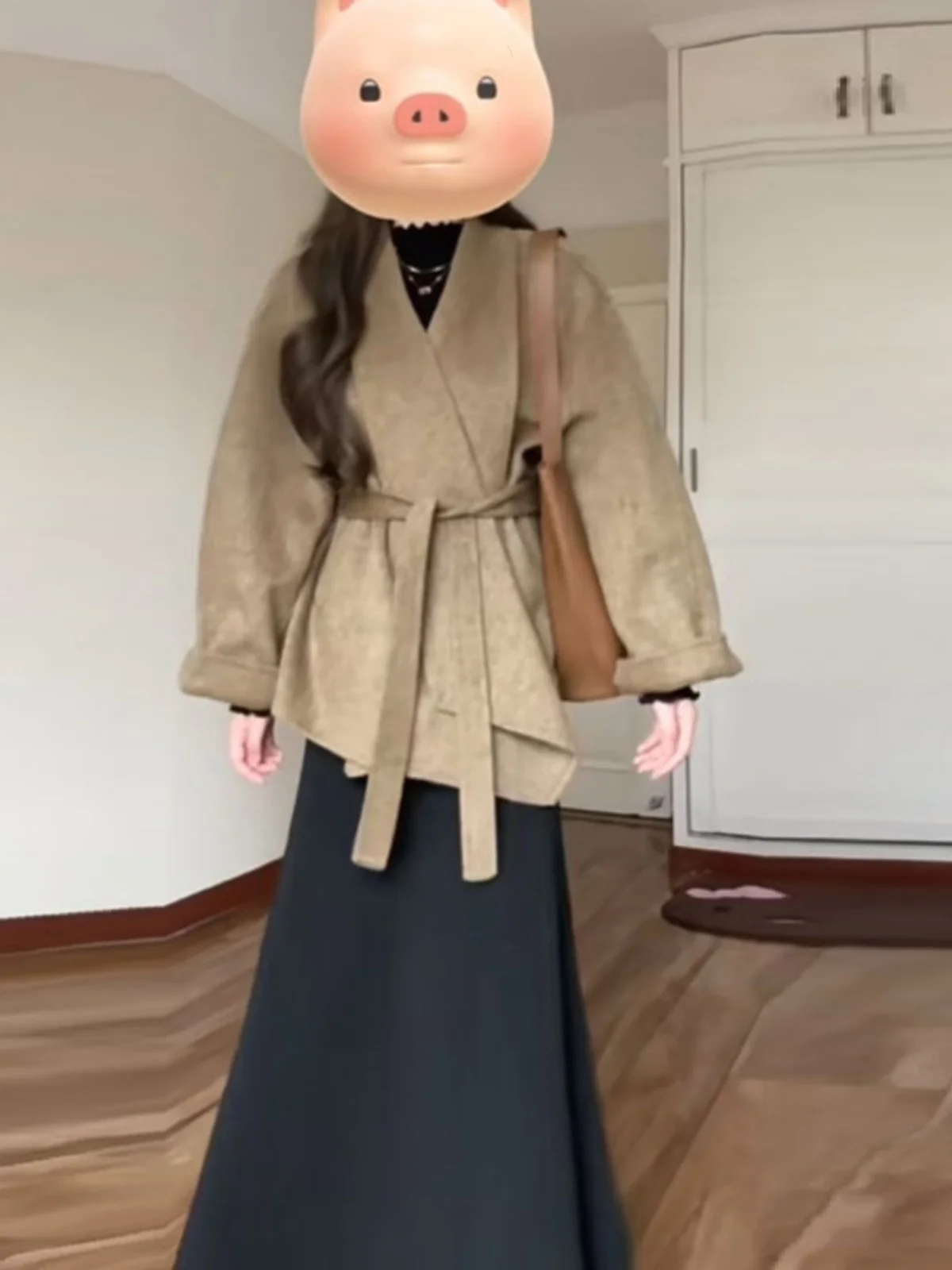 

Двустороннее шерстяное пальто в корейском стиле для женщин, средней длины, с поясом, цвета хаки, модная и удобная зимняя верхняя одежда