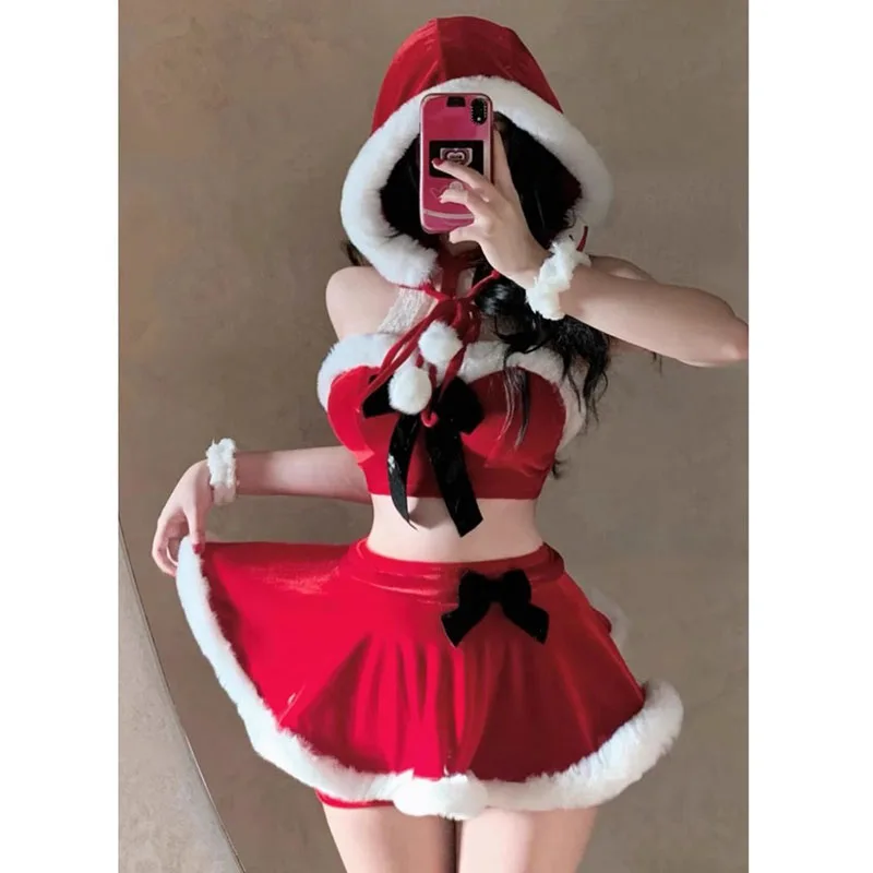 Kostiumy świąteczne dla kobiet Wiszący top na szyję z kapeluszem Zestaw przebierańców Xmas Party Kostium dla dorosłych z czerwonym kapeluszem Santa Cosplay