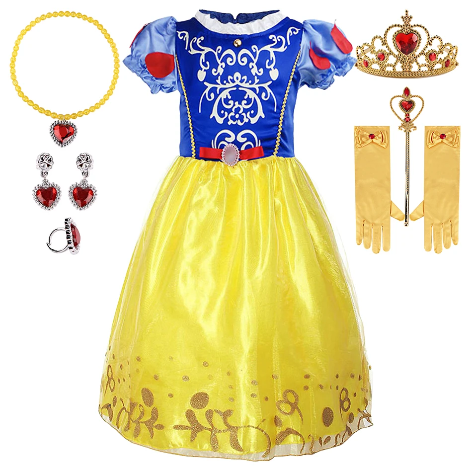 Children Snow White Long Cloak Ball Gown Little Girls Princess Metallic Sequin Pattern Layered Cosplay Dress Up with Accessories