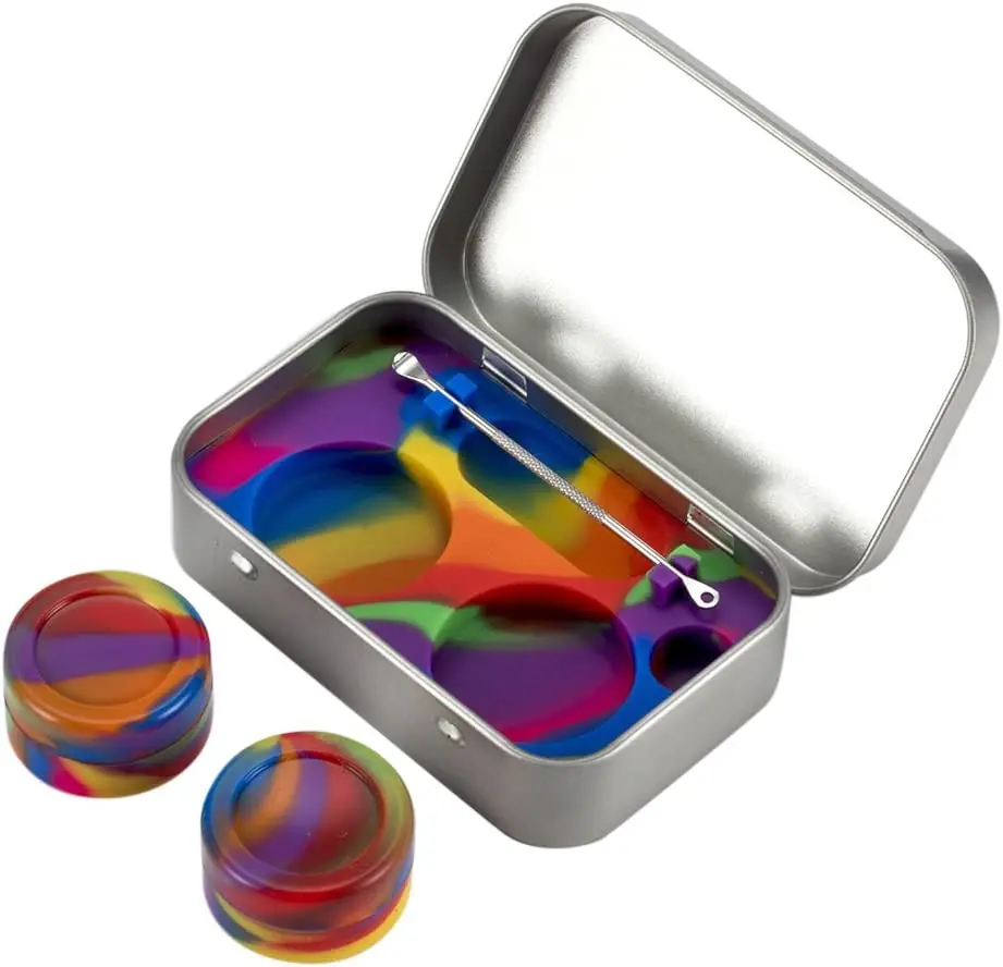 Portable Stainless Steel Tin Box 5ml Silicone Container Non-stick Storage Wax Carrying Case with Extra Stainless Steel Spoons