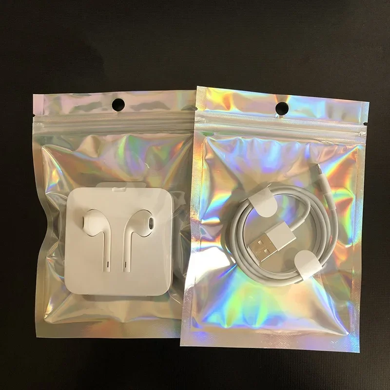 100PCS Holographic Bag Laser Rainbow Pattern Self Sealing Candy Bag and Front Window Sample aluminum foil plastic bag