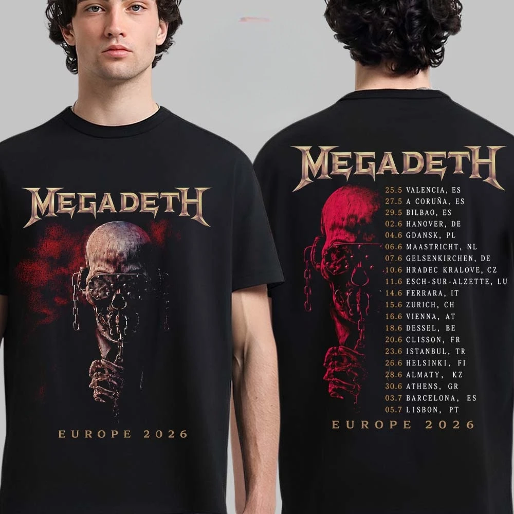 Camiseta Megadeth Europe 2026 Tour Graphic Merch, 100% algodão, unissex, masculina e feminina, camisetas Y2k para fãs, camiseta casual, streetwear