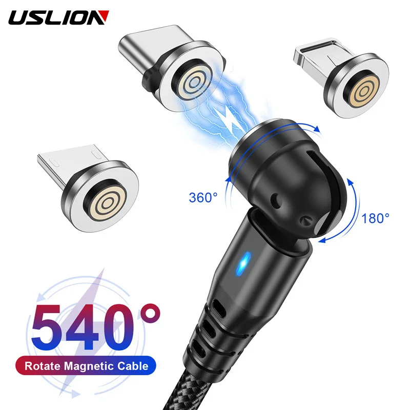 USLION 3 in 1 540 Rotate 5A Magnetic Cable Fast Charging Micro USB Type C Cable For iPhone Xiaomi Magnet Charger USB Data Line