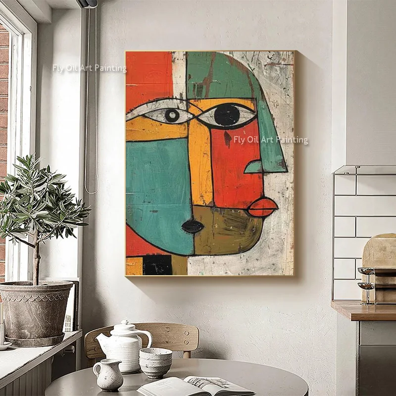 Grey Blue White Women Face Canvas Thick Wall Art Handpainted Abstract Brown Blue Yellow Pepole Oil Painting Simple Bedroom Decor