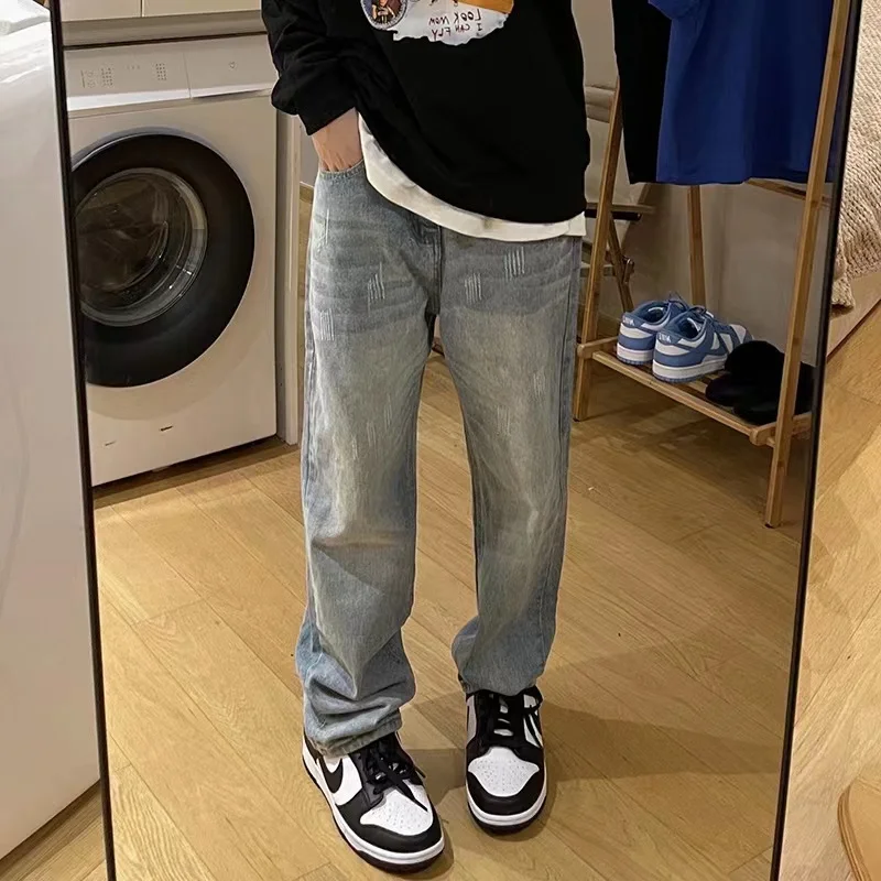 

Retro American Vibe Men's Jeans High Street Fashion Washed out Denim Loose Straight Leg Wide Leg Pants Spring Season