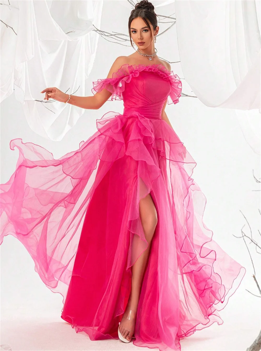 Jessica-Robe de Soirée Rose en Organza, Tenue de Bal, Fait à la Main, Bords Bouclés, Épaules Dénudées, Fente Latérale, Corset, ixde Mariage