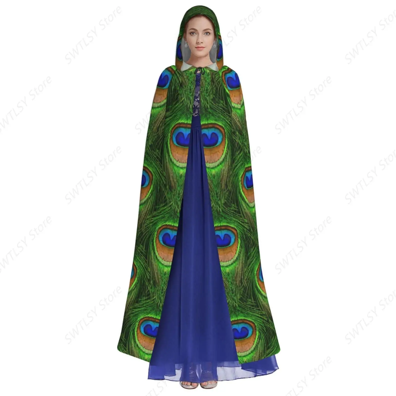 Women Men Cloak Cape Halloween Hooded Cloak Compatible with Adorable Green Peacock for Christmas Cosplay Costume