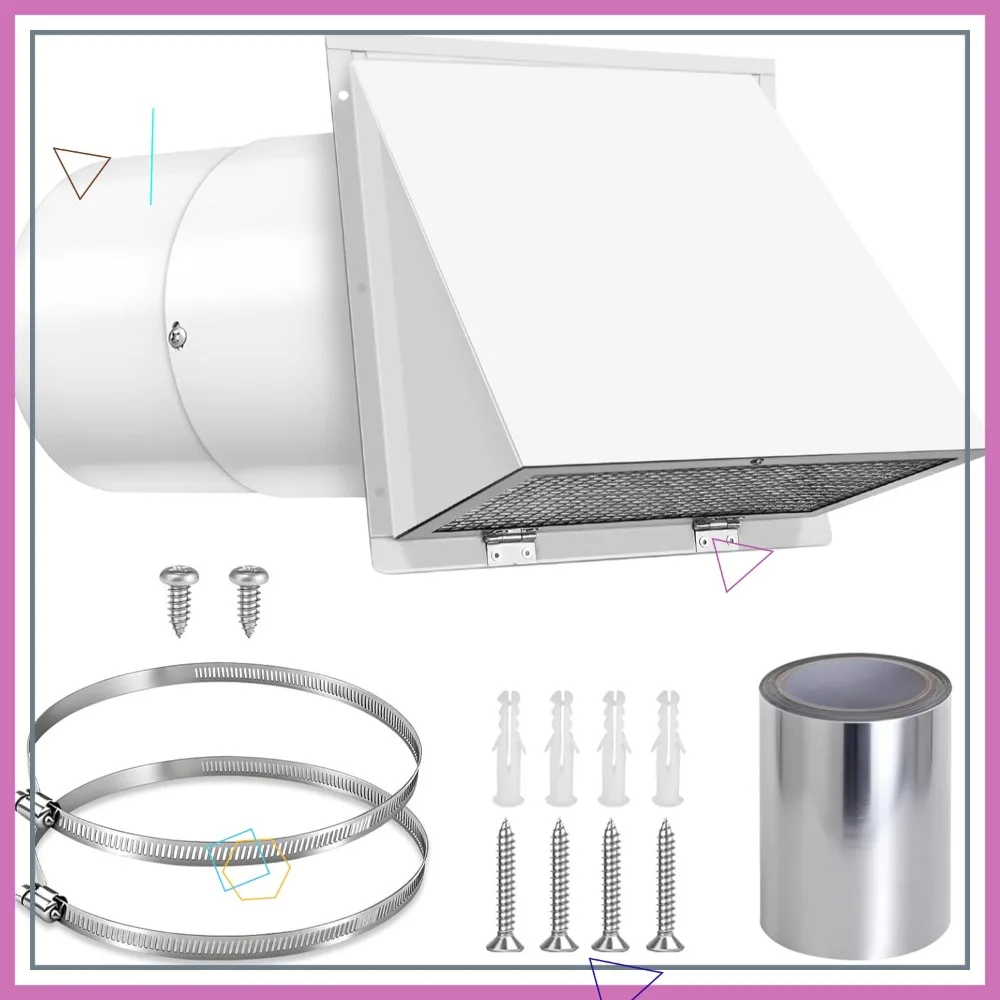 8 Inch Wall Vent Cover with Hood, Screen & Damper, Galvanized Steel, White for Kitchen & HVAC